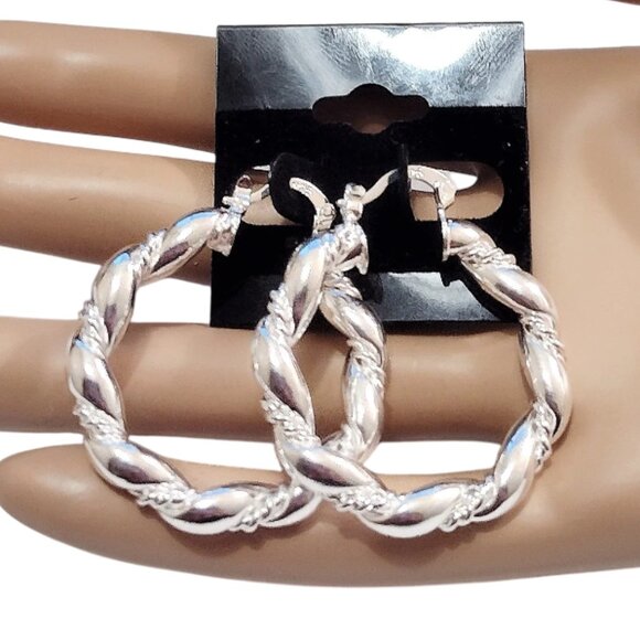 1 1/2" Sterling Silver m925 Winding Twist Hoop Pierced Post Earrings 38mm Large - Picture 1 of 3